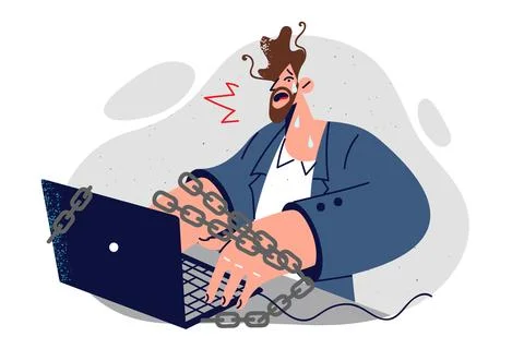 Corporate slave is crying sitting at computer with chains and feeling tired or Stock Illustration