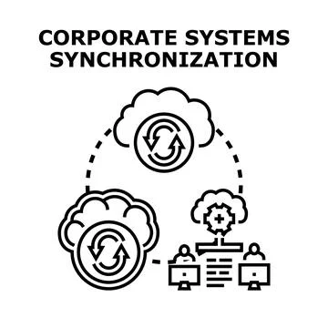 Corporate systems synchronizing data on cloud platform Illustrazione stock