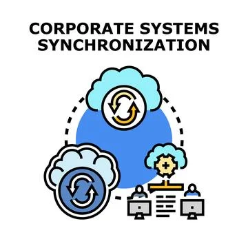 Corporate systems synchronizing data on cloud platform Illustrazione stock