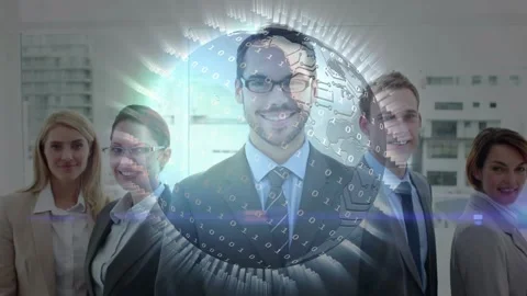 Corporate team activating digital globe rotating with pulsing circuits showing Stock Footage 317206708