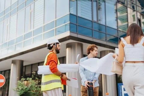 Corporate Team Analyzing Blueprint for New Architectural Project Stock Photos