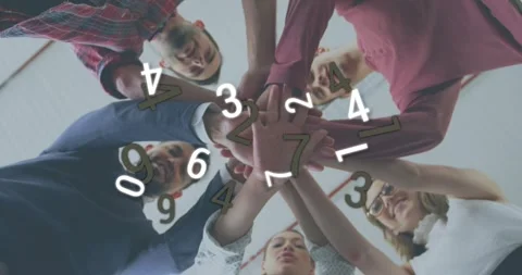 Corporate team stacking hands, activating swirling data visualization above Stock Footage 318093457