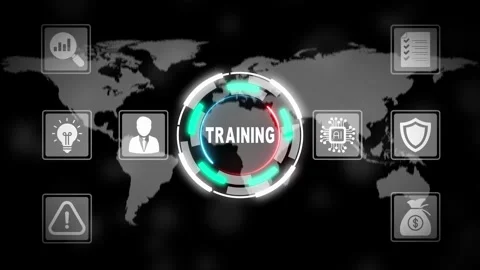 Corporate training program interface with global on dark background busines.. 動画素材 331566573