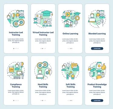 Corporate training programs onboarding mobile app screen set 스톡 일러스트
