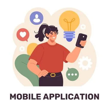 Corporate work. Mobile application. Phone business technology. Woman holding 스톡 일러스트