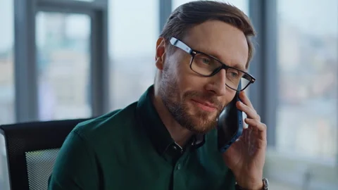 Corporate worker having call working in light interior closeup. Portrait manager Stock Footage 340294073
