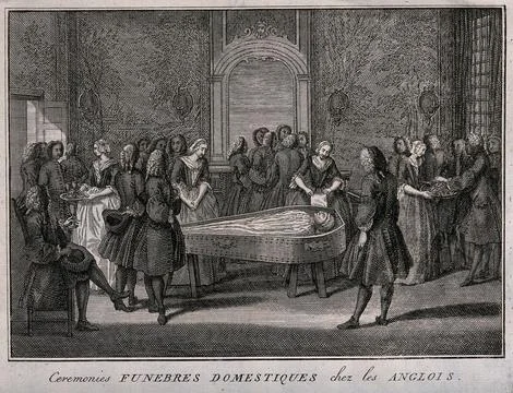A corpse is dressed in grave clothes and layed out for mourners to visit. E.. Stock Illustration
