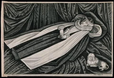 The corpse of a lady wearing a ruff and an elaborate head-dress lying on a .. Stock Illustration