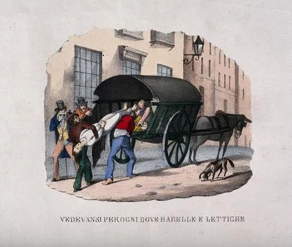 A corpse is lifted from the back of a wagon during the 1832 cholera epidemi.. Stock Illustration