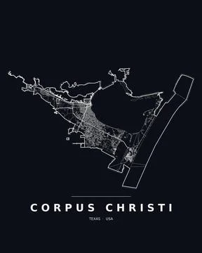 Corpus Christi TX Street Map Road Network Highways Dark Mode Editable Vector Stock Illustration
