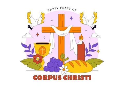 Corpus Christi Vector Illustration Featuring Holy Eucharist Chalice, Bread,.. イラスト素材
