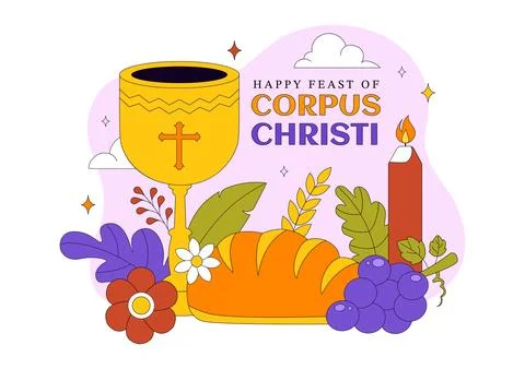 Corpus Christi Vector Illustration Featuring Holy Eucharist Chalice, Bread,.. イラスト素材