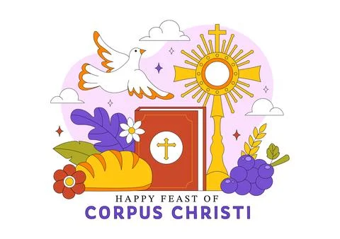 Corpus Christi Vector Illustration Featuring Holy Eucharist Chalice, Bread,.. イラスト素材
