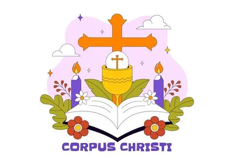 Corpus Christi Vector Illustration Featuring Holy Eucharist Chalice, Bread,.. イラスト素材
