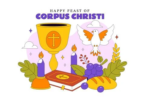 Corpus Christi Vector Illustration Featuring Holy Eucharist Chalice, Bread,.. イラスト素材