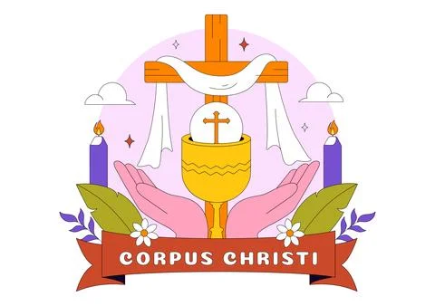 Corpus Christi Vector Illustration Featuring Holy Eucharist Chalice, Bread,.. Illustrazione stock