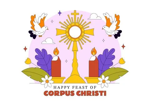 Corpus Christi Vector Illustration Featuring Holy Eucharist Chalice, Bread,.. Illustrazione stock