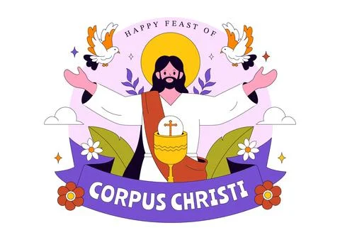 Corpus Christi Vector Illustration Featuring Holy Eucharist Chalice, Bread,.. イラスト素材