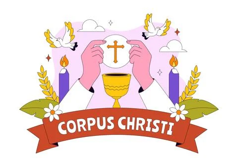 Corpus Christi Vector Illustration Featuring Holy Eucharist Chalice, Bread,.. イラスト素材