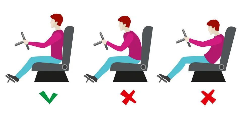 Correct and bad sitting postures for driver. Vector infographics Stock Illustration
