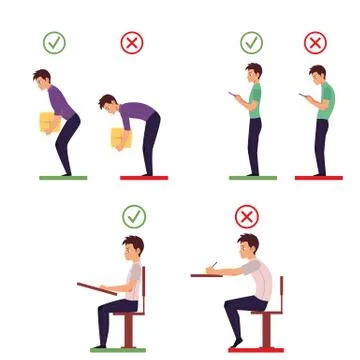 Correct and incorrect back posture infographics Stock Illustration