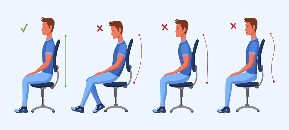 Correct and Incorrect back sitting position. Good and bad sitting posture 스톡 일러스트
