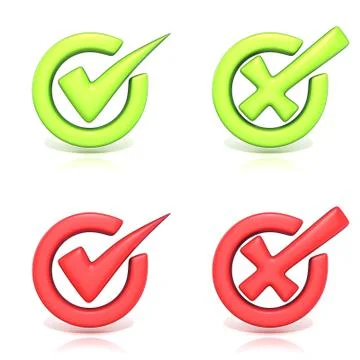 Correct and incorrect check marks in circle. 3D Stock Illustration