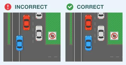 Correct and incorrect driving. Vehicles are not allowed to drive on tracks. Stock Illustration