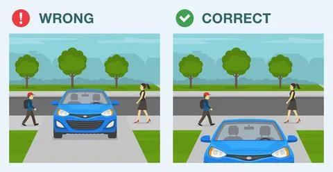 Correct and incorrect parked car in the driveway. Do not block sidewalk access. Ilustración de archivo