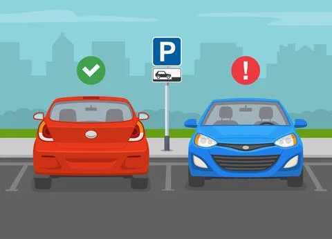 Correct and incorrect parked car in the "front end parking only" sign area. Stock Illustration