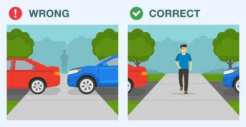 Correct and incorrect parking. Sidewalk access blocked by parked cars. Ilustración de archivo