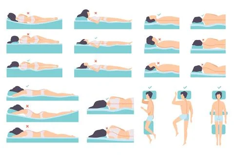 Correct and incorrect posture of spine during sleep set. Men and women sleeping Stock Illustration