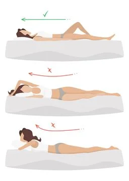 Correct and incorrect sleeping body posture. Healthy sleeping position spine in Stock Illustration