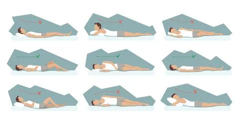 Correct and incorrect sleeping body posture. Healthy sleeping position spine in Stock Illustration
