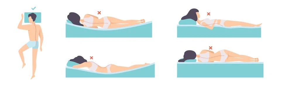Correct and Incorrect Sleeping Body Posture of Man and Woman Vector Set Stock Illustration