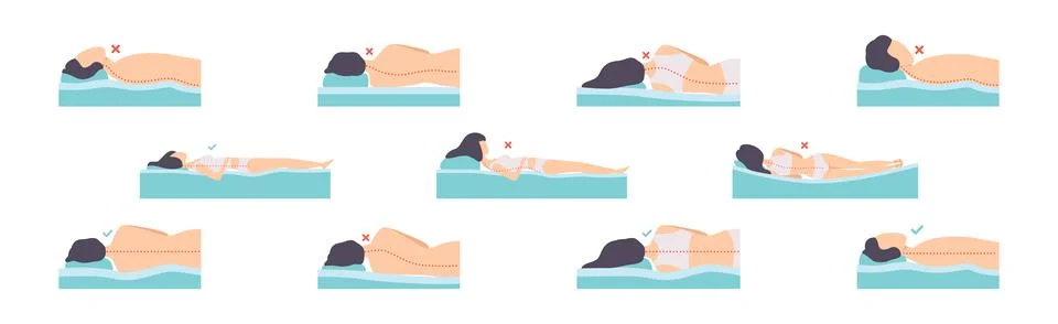 Correct and Incorrect Sleeping Body Posture of Man and Woman Vector Set Stock Illustration