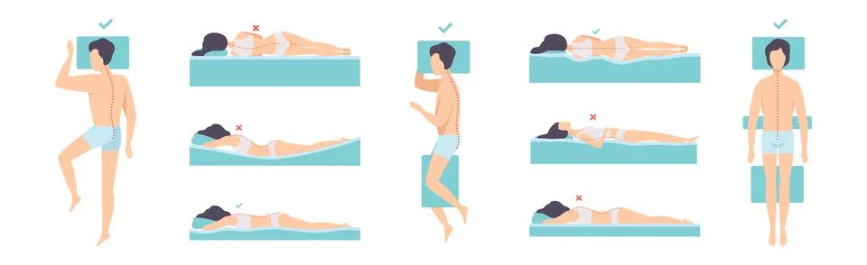 Correct and Incorrect Sleeping Body Posture of Man and Woman Vector Set Stock Illustration