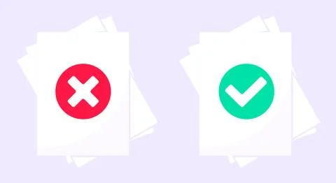 Correct and reject document verification concept with paper sheets and check Illustrazione stock
