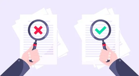 Correct and reject document verification concept with paper sheets and check 스톡 일러스트