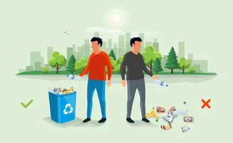 Correct and Wrong Littering Garbage around the Trash Bin with Person Throwing Stock Illustration