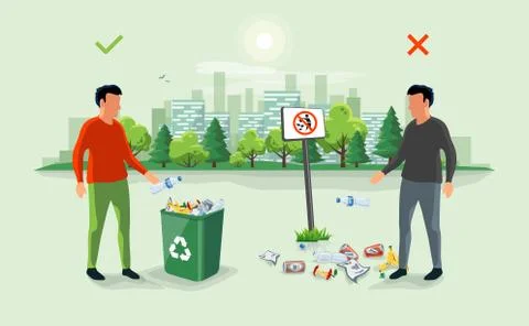 Correct and Wrong Littering Garbage around the Trash Bin with Person Throwing Stock Illustration