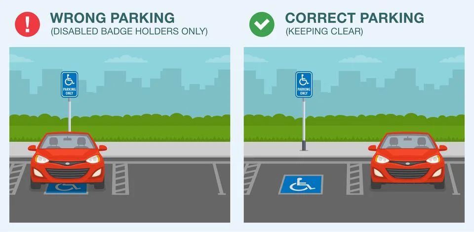 Correct and wrong parking. Keep clear disabled parking area. 스톡 일러스트