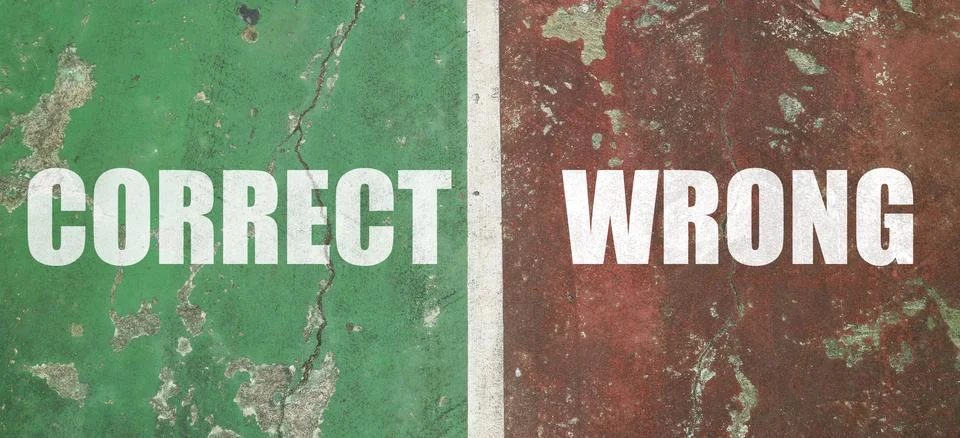 CORRECT and WRONG text in white bold font, separated by a white vertical li.. Stock Photos