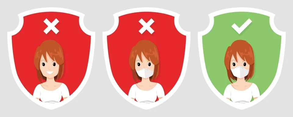 Correct and wrong ways to using protective full antivirus medical face mask Stock Illustration