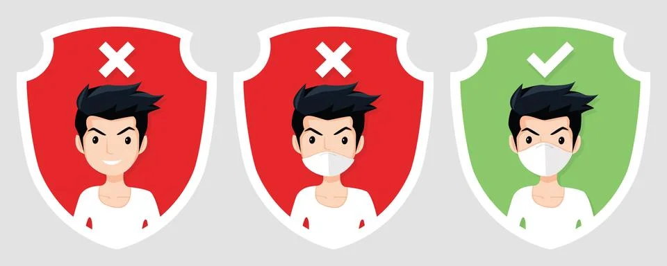 Correct and wrong ways to using protective full antivirus medical face mask Stock Illustration