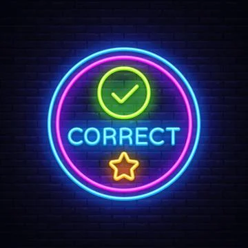 Correct answer neon badge. Vector illustration with glowing check mark and text Stock Illustration