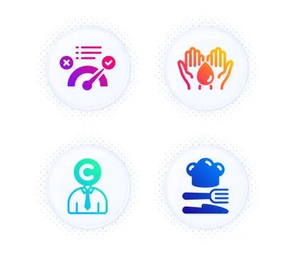 Correct answer, Wash hands and Copyrighter icons set. Food sign. Approved, Skin Stock Illustration