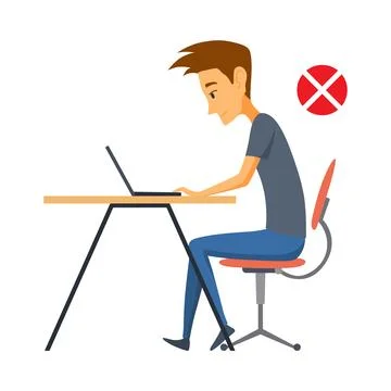Correct body alignment in sitting working with computer. Wrong posture cause Stock Illustration