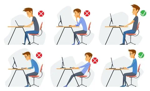 Correct body alignment in sitting working with computer. Wrong posture cause Stock Illustration