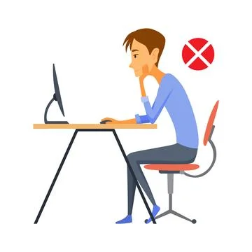 Correct body alignment in sitting working with computer. Wrong posture cause Stock Illustration